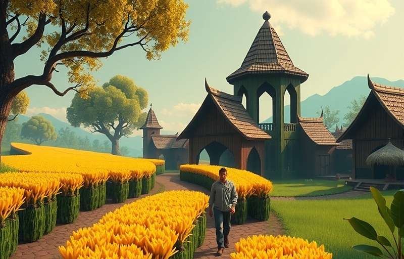 Turmeric Tangle Village Gameplay Turmeric Tangle gameplay showing a village scene with turmeric fields and farmers