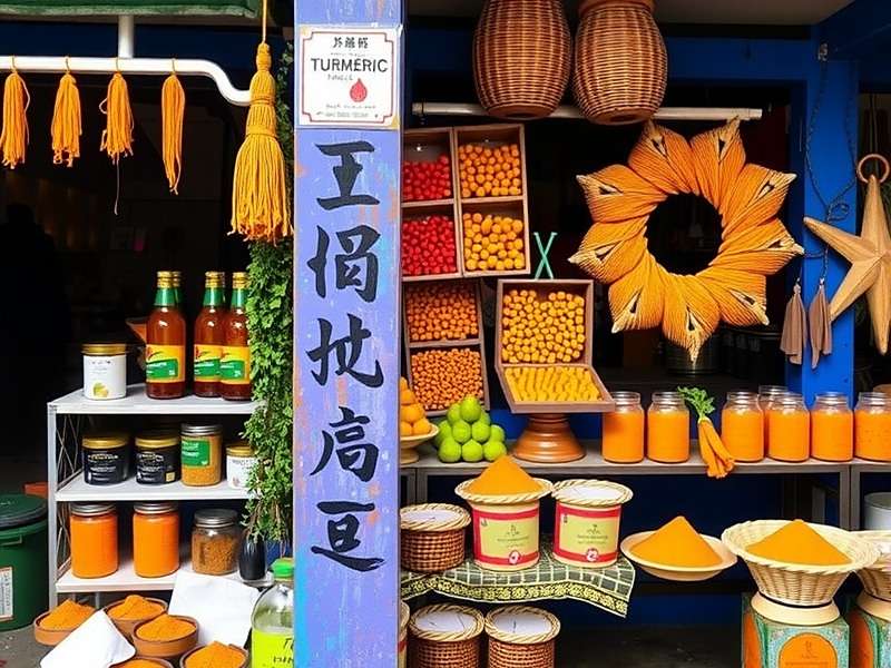 Turmeric Tangle Marketplace Turmeric Tangle marketplace scene showing Indian merchants trading turmeric products